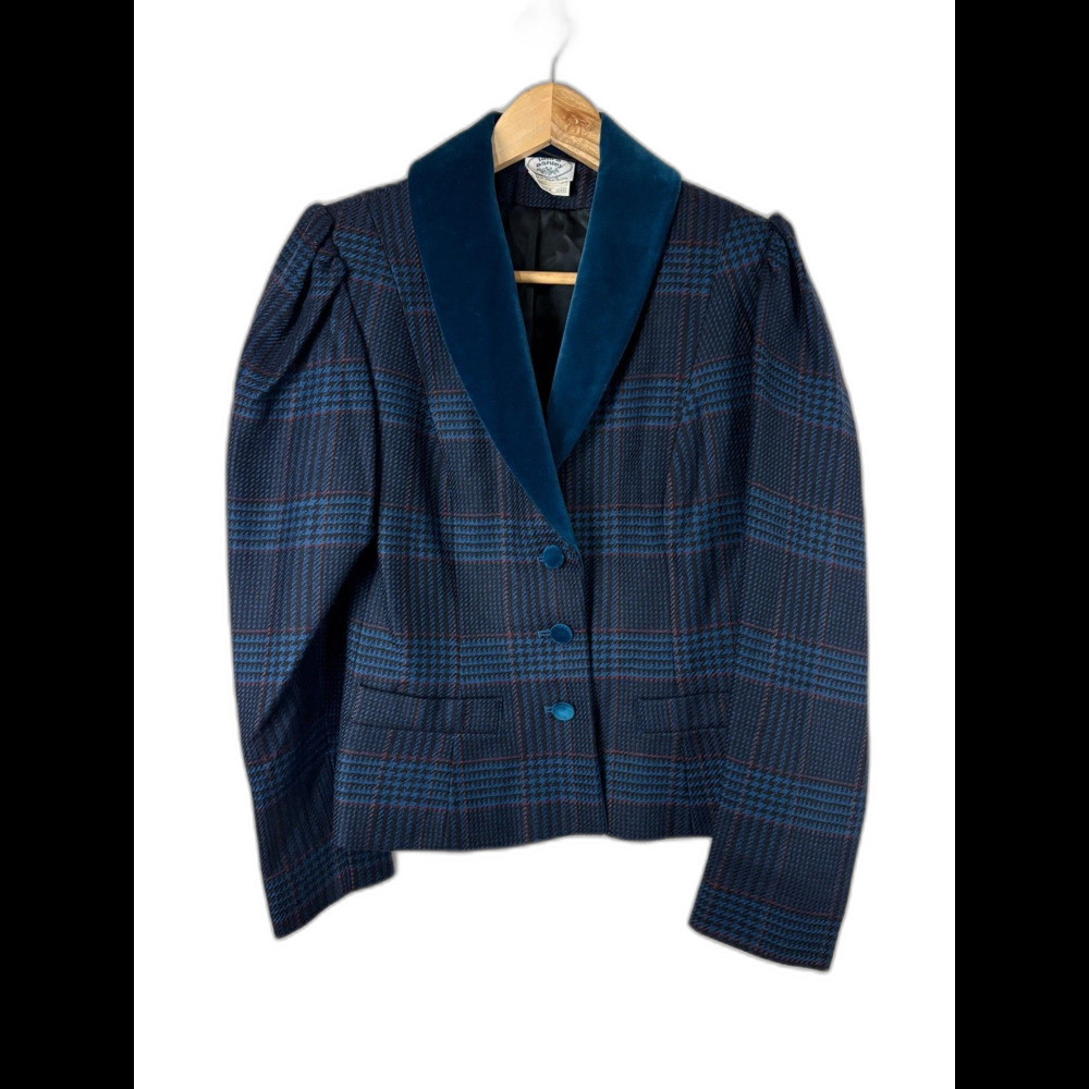 Laura Ashley Vintage Blazer Blue Plaid Velvet Collar 100% Wool Heritage Small